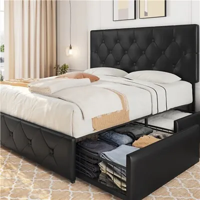 Queen Faux Leather Platform Bed Frame With Adjustable Headboard And 4 Drawers • $309.99