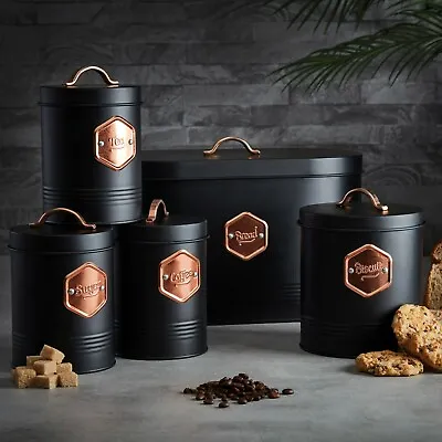 Kitchen Storage Canister Jar Storage Set Bread Bin Sugar Tea Coffee Black • £39.99