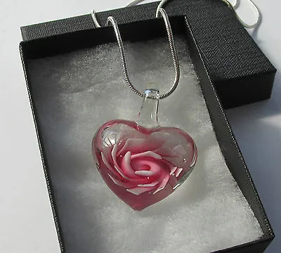 Handmade Gorgeous Pink Lampwork Glass Heart Flower Pendant Chain Necklace • $7.40