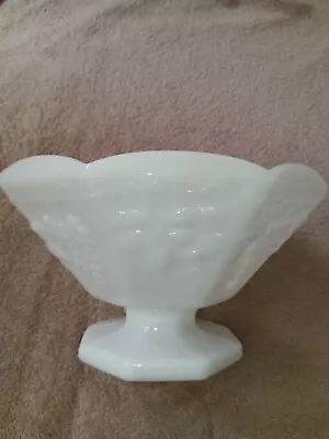 Vintage White Milk Glass Pedestal Footed Fruit Bowl Grape Vine & Leaf Pattern • $9