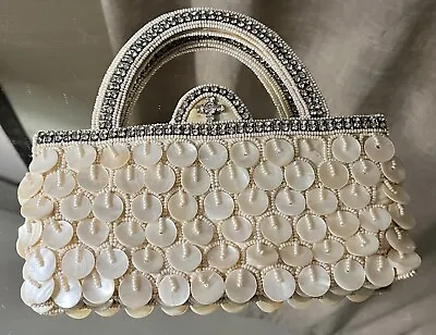 Vintage White Iridescent Shell Beaded Rinestone Detailed Handle/top Trim  Bag • $50