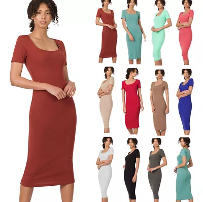 Women's Basic Soft Knit Midi Dress Short Sleeve Scoop Neck T-Shirt Bodycon Solid • $7.99