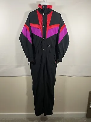 Vintage 80s 90s One Piece Ski Suit Black With Neon Retro Size Small • $69.99