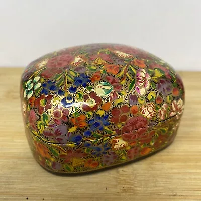 Vintage Lacquered Floral Lidded Trinket Box Hand Painted Paper Mache Bombay • $9.90