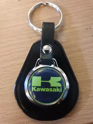 Kawasaki Green Pear Shaped Black Leather & Metal Key Fob Key Ring • £5.49