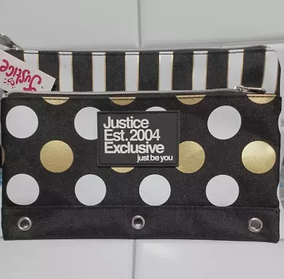 £12.39 • Buy Justice Girls Polka Dot And Striped Pencil Pouch Bag Black And Gold