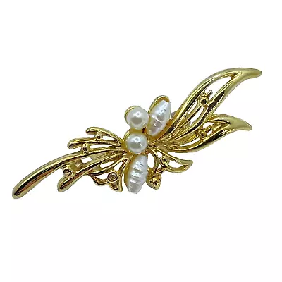 Vintage Brooch Faux Pearls Goldtone 2  Openwork Bouquet • $9.99