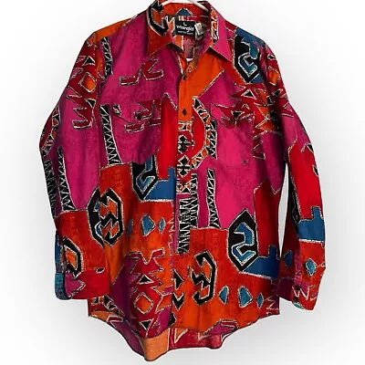 VTG Wrangler Long Tail Aztec Navajo Southwestern Cowboy Cut Shirt Mens Large • $35