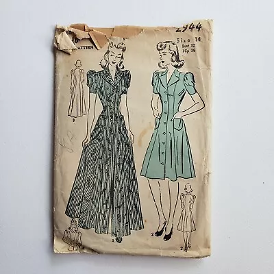1940s Vintage Advance 2944 Dress Dressing Gown Puff Sleeve Sewing Pattern • $32
