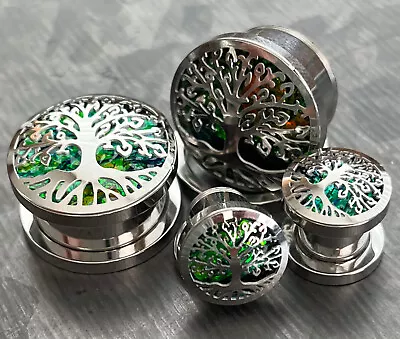 PAIR Green Opal Glitter Tree Of Life Screw Fit Tunnels Ear Plugs Earlet Gauges • $14.95