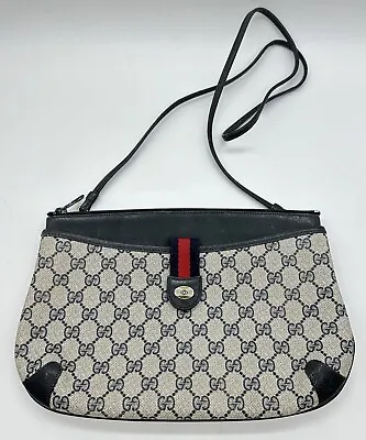 Gucci Vintage Monogram Canvas Small Shoulder Bag Blue Red Stripe Gray Black • $279.99