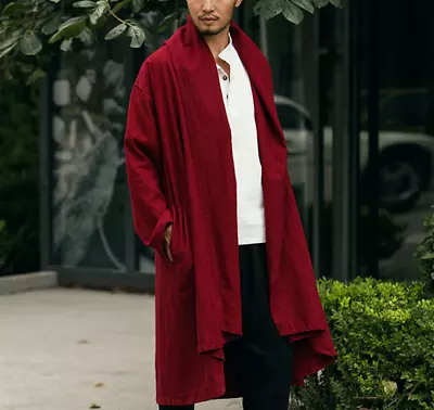 Men Cotton Linen Chinese Style Long Cape Cloak Hooded Cardigan Long Coat Outwear • $55.43