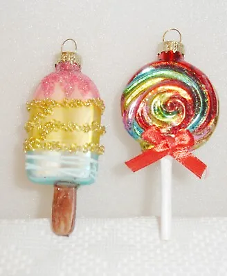 GLASS CHRISTMAS ORNAMENTS BAUBLES Lollipops X 2 Vintage Style HAND PAINTED • £9.99