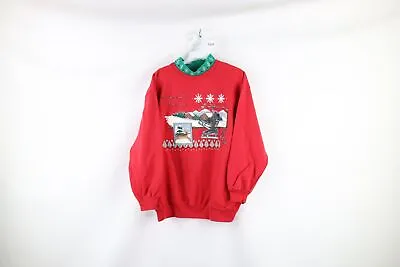 Vtg 90s Streetwear Womens Medium Faded Christmas Reindeer Mock Neck Sweatshirt • $40.45