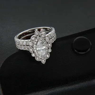 1.5CT Marquise Zirconia Set Double Halo Vintage Bridal Set Ring In 925 Silver • $85.49