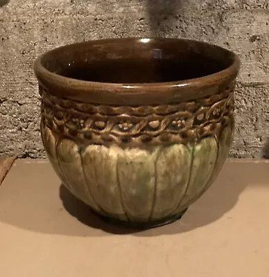 Vintage McCoy Pottery Blended Stoneware Green Brown Panels Jardiniere 7  1/2  D • $50