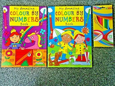 MY AMAZING COLOUR BY NUMBERS BOOK With Optional 12 PENCILS  Girls Boys Colouring • £3.30