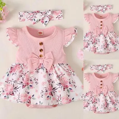 Newborn Baby Girl Floral Print Ribbed Ruffle Romper Jumpsuit Headband Dress Set • £7.66