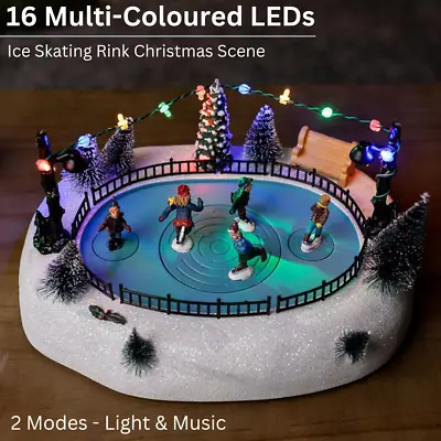 Christmas Village Scene Decoration Ice Skating Musical Moving Ornament Light Up • £30.99