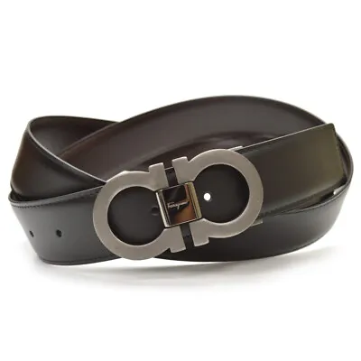 Salvatore Ferragamo Double Gancini Matt Buckle Black/Brown Reversible Belt • $801.12