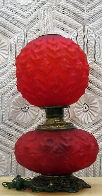 Antique Victorian Gone With The Wind Red Satin Parlor Conv Lamp Tested And Works • $495