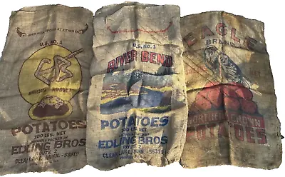 Vintage Potato Burlap Sack Bag Eagle River Bend Edling Bros 100 Lb Lot Of 3 • $48