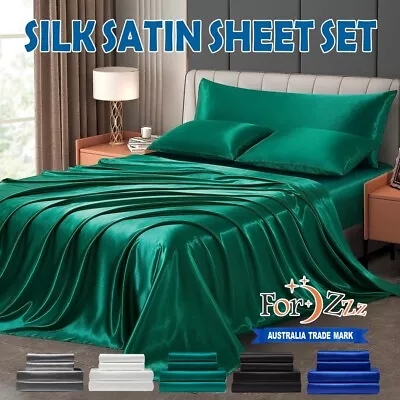 Hotel 4 Pieces Silk Satin Flat Fitted Sheet Bed Set Single Double Queen King Bed • $44.56