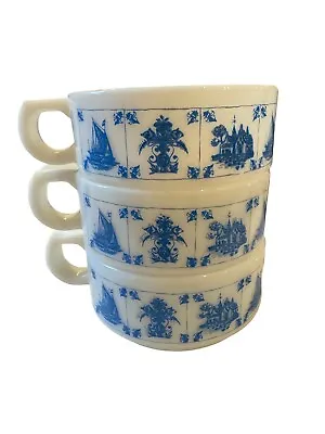 Delft Blue White Milk Glass Soup Mug Boat House Fleur De Lis Vintage 1960 Lot 3 • $15