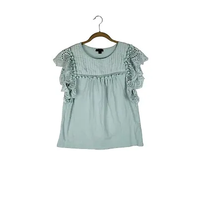 J Crew Womens Medium Mint Green Eyelet Flutter Sleeve Top Pom Pom Trim AL025 • $24.96