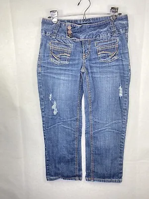 H2J Distressed Blue Jean Capri Size 9/10 Crop Wide Waistband 6 Pockets Juniors • $12.22