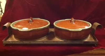 VINTAGE COUNTRY FARE JOHN B TAYLOR Set Of 2 CASSEROLES & Metal Carrier Zansville • $79.99