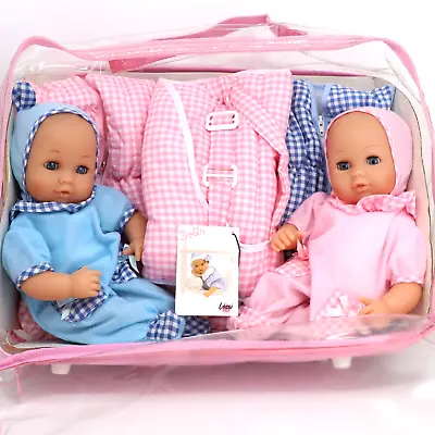 Vintage Lissi Batz Boy & Girl Twin Baby Dolls W/Jumpsuits Carrier & Travel Bag • $50