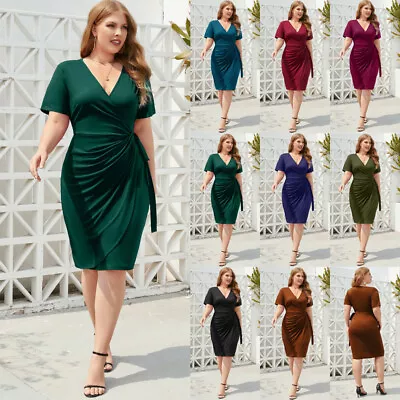 Ladies Sexy Short Sleeve Bodycon Midi Dress Wrap Dresses Evening Party Plus SIZE • £16.73