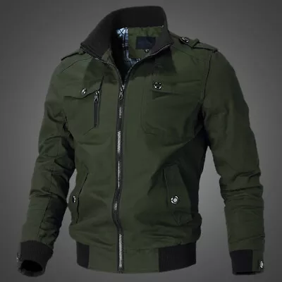 Stand-Up Collar Men's Washed Jacket Cotton Military Uniform Outdoor Casual Jacke • $37.98