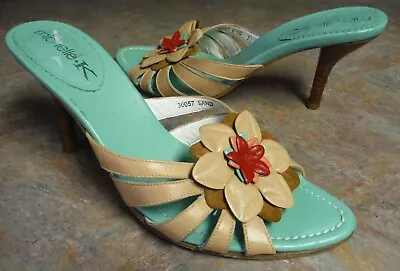 Michelle K Womens Shoes Sandals Beige Leather Slides Sand Heels Size 8.5 M • $9.99