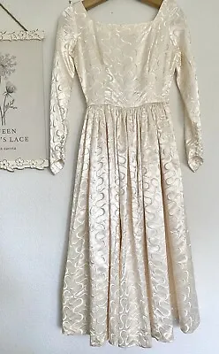 Vintage 40s 50s Silk  Sheath Satin Embroidered Tea Length Button Dress Brocade • $160