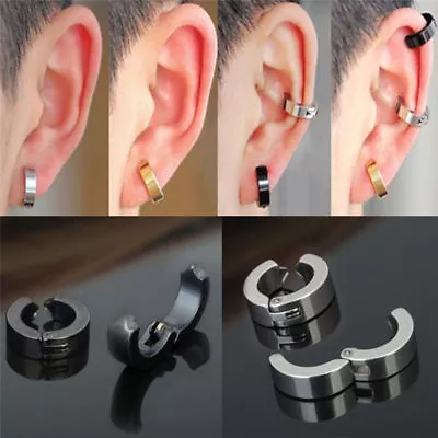 Non-Piercing Clip On Fake Mens Boy Ear Stud Cuff Hoop Earrings Stainless Steel • $5.91