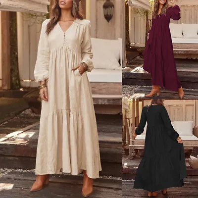 ZANZEA Women Summer Long Maxi Dress Tiered V Neck Cotton Plus Size Ladies Dress • $26.16