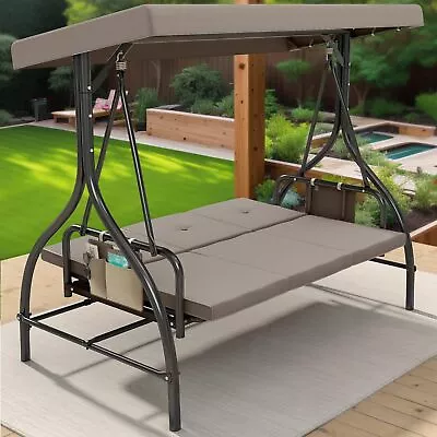 Outdoor Porch Swing 3 Person Patio Chair Adjustable Canopy Cushion For Garden • $272.54