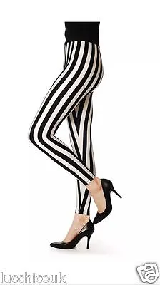 Womens Ladies Black And White Vertical Print Full Length Stripe Leggings UK 8-14 • $8.58