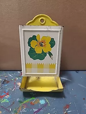 Vintage Wall Mount Match Box Holder Dispenser Metal Yellow Floral Daisy  • $15