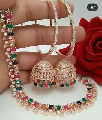 Indian Bollywood Bridal Set Gold Plated Jewelry Earrings Ethnic AD Fine Necklace • $24.99