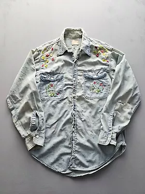 Vintage 1970s JCPenney Big Mac Embroidered Chambray Shirt Button-Up Hippie M • $36.95