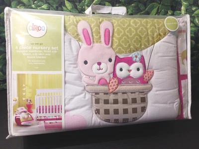 $50 • Buy NEW Circo Up We Go Girls Crib Nursery Bedding Set 4 Pcs Bunny Owl Pink Balloon