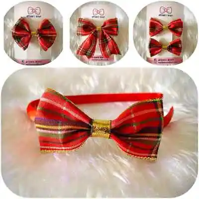 Girls Christmas Hair Bows - Red Tartan Ribbon With Gold Detail (Handmade) • £1.99