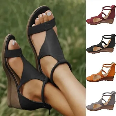 Womens Gladiator Low Wedge Sandals Ladies Comfort Summer Strap Beach Shoes • £10.88