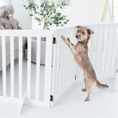 White Wooden Freestanding Pet Gate 4 Panels Foldable Dog Fence Baby Safety Gate • £39.95