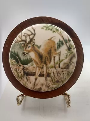 Deer Trinket Box Round Wooden  Porcelain Lid Hand Painted Deer 3 3/4 Inches • $12.99