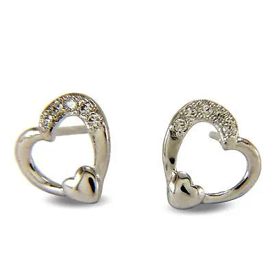 9ct White Gold Small Heart Stud Earrings 10mm Girls Womens Lightweight UK Seller • £12