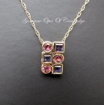 9k 9ct Gold Necklace Modern Tanzanite & Pink Tourmaline Pendant 18  Spiga Chain • £144.99